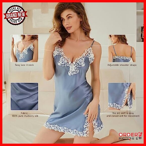 Silk Nightgown V-Neck Lace Spaghetti Strap Chemise Sleepwear - Picture 5 of 8